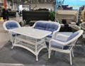 Обеденный комплект плетеной мебели из искусственного ротанга T130-LV520 White белый с синими подушками