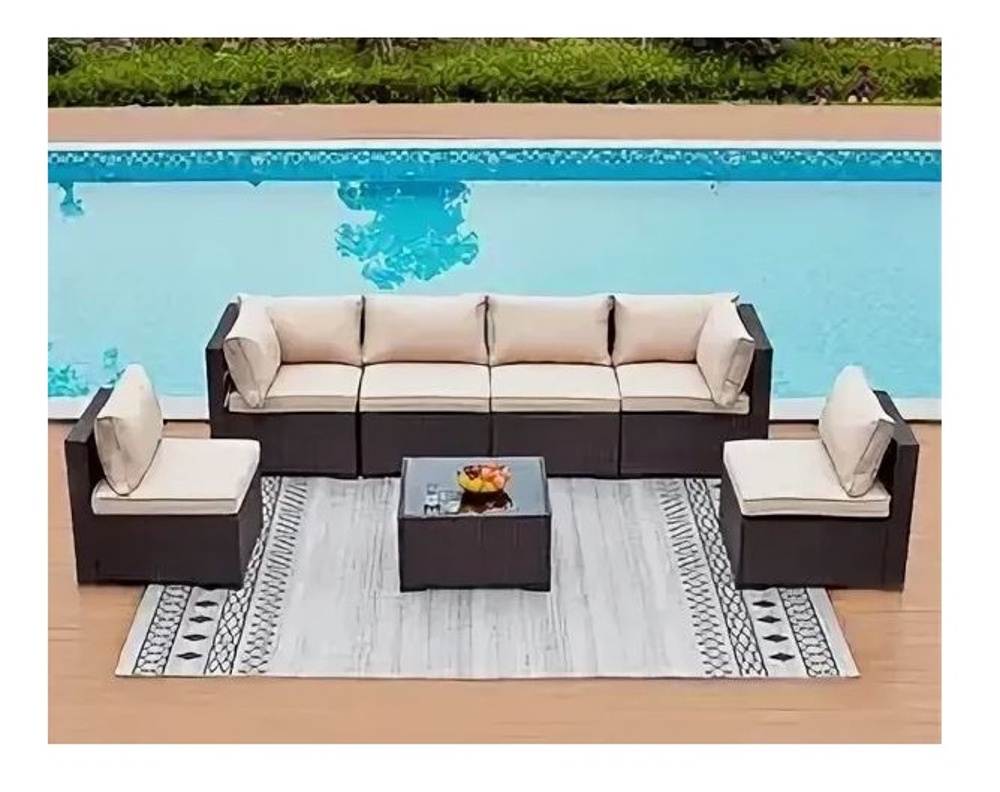 Плетеный модульный угловой диван из искусственного ротанга YR822Br Brown-Beige коричневый ротанг с бежевыми подушками