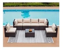 Плетеный модульный угловой диван из искусственного ротанга YR822Br Brown-Beige коричневый ротанг с бежевыми подушками