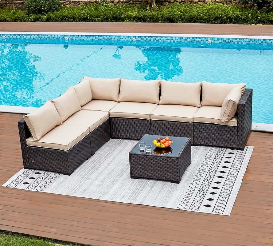 Плетеный модульный угловой диван из искусственного ротанга YR822Br Brown-Beige коричневый ротанг с бежевыми подушками